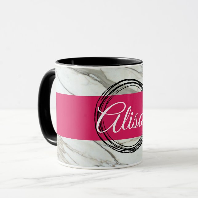 White marble, trendy fuchsia personalised name mug (Front Left)