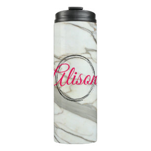 White marble trendy fuchsia pink custom name thermal tumbler