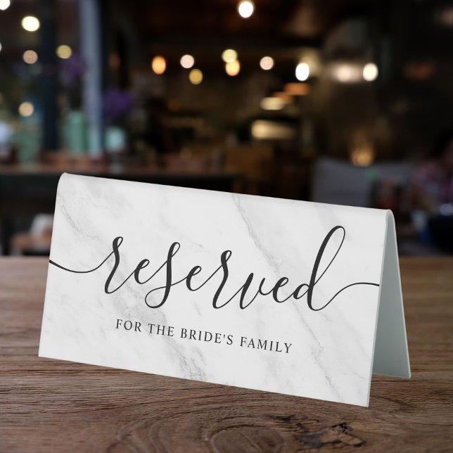 White Marble Wedding Reserved Table Tent (White Marble Reserved Wedding Sign)