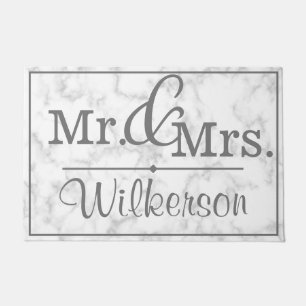 White Marble Welcome Mat Mr. and Mrs. Family Name 