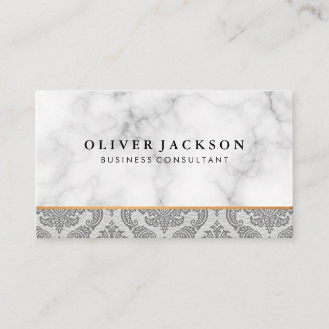 White Marble White Leather Damask Trim Business Card (Front)
