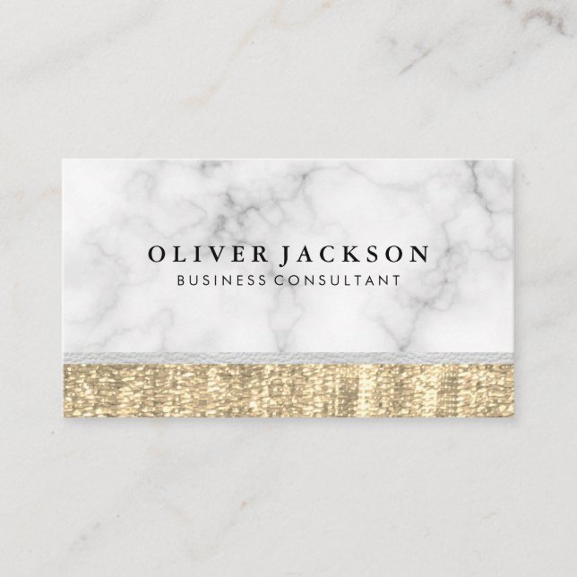 White Marble White Leather Gold Sequin Business Card (Front)