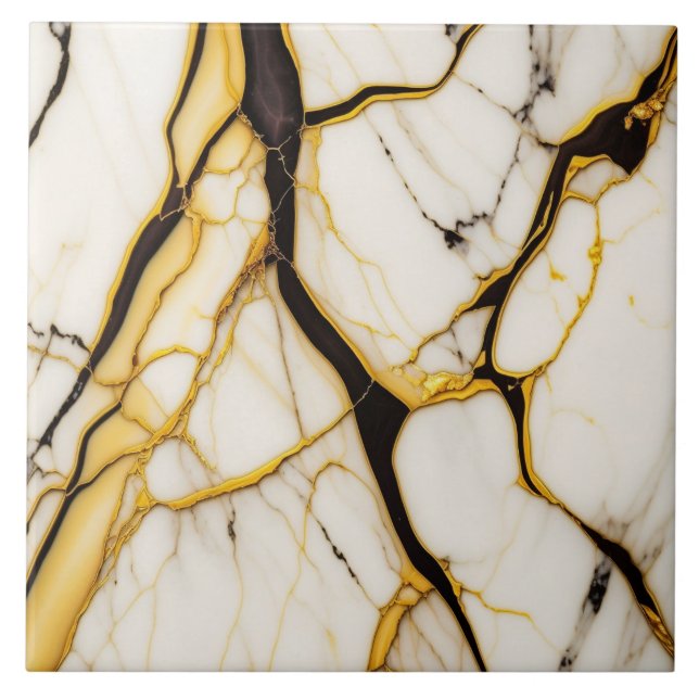 White Marble with Black Gold Veins Ceramic Tile (Front)