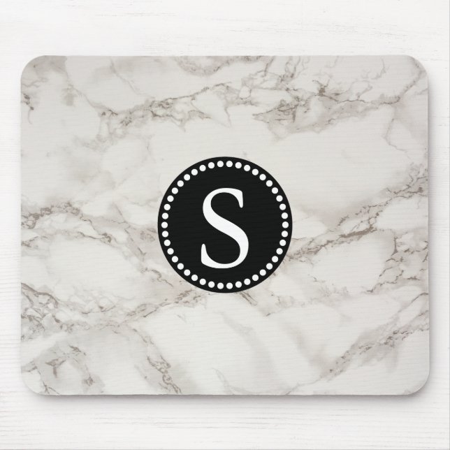 White Marble with Black Monogram Mouse Pad (Front)