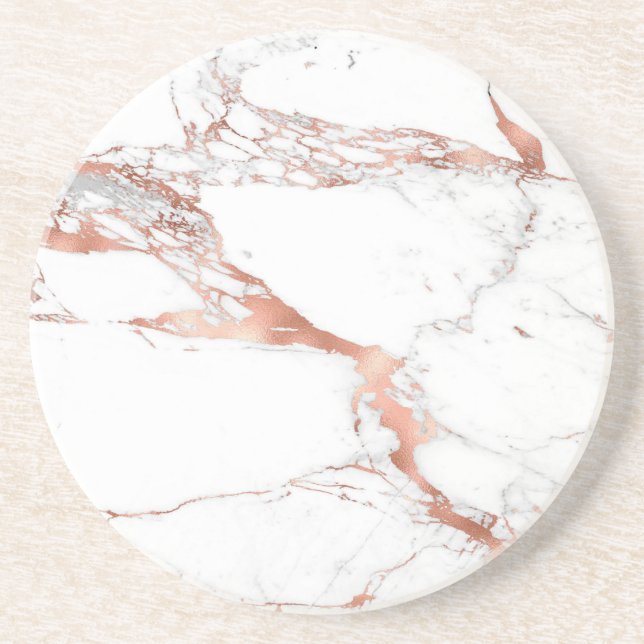 White Marble With Dramatic Rose Gold Veining Coaster (Front)