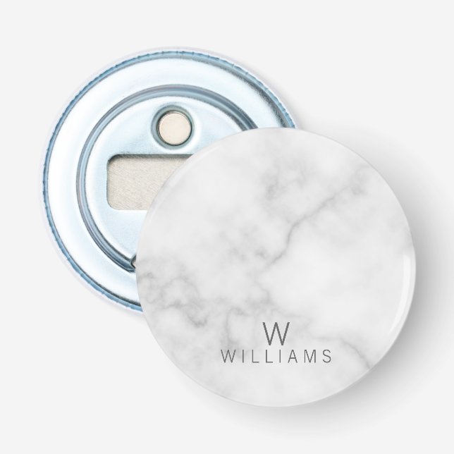 White Marble with Personalised Monogram and Name Bottle Opener (Front)
