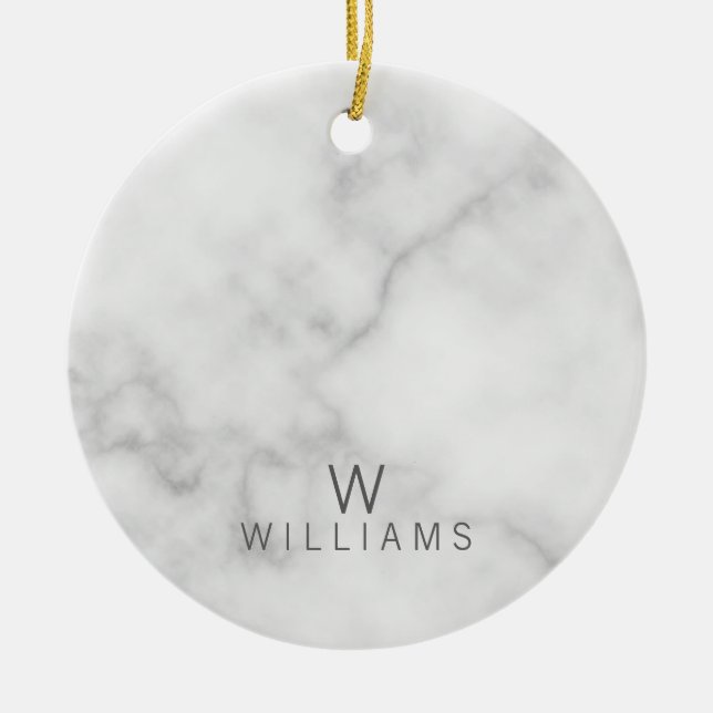 White Marble with Personalised Monogram and Name Ceramic Ornament (Front)