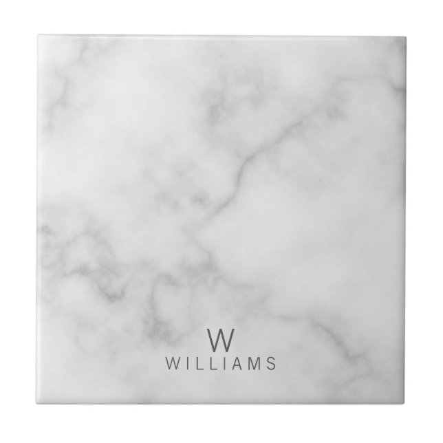 White Marble with Personalised Monogram and Name Ceramic Tile (Front)