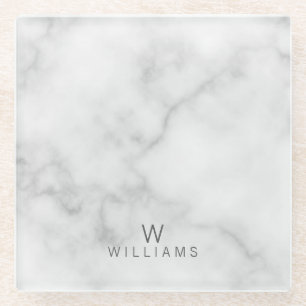 White Marble with Personalised Monogram and Name Glass Coaster