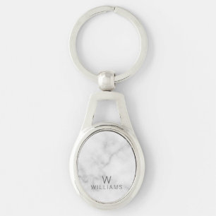 White Marble with Personalised Monogram and Name Key Ring
