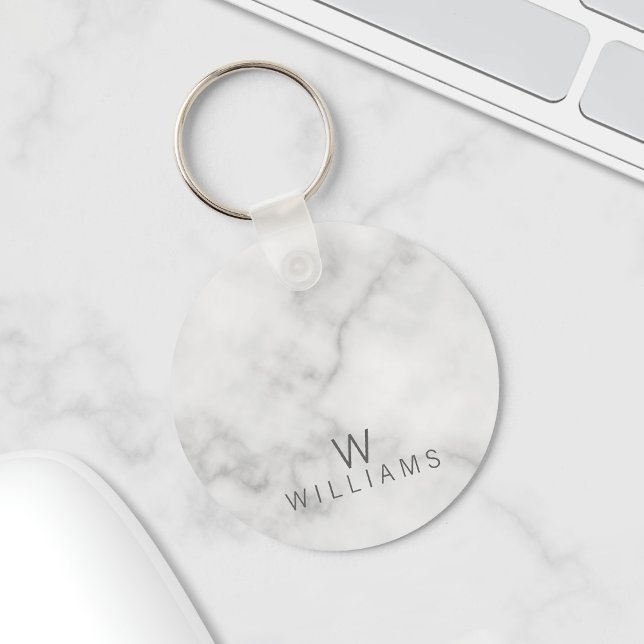 White Marble with Personalised Monogram and Name Key Ring (Creator Uploaded)