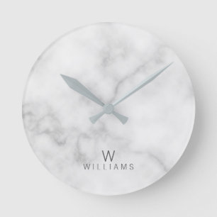 White Marble with Personalised Monogram and Name Round Clock