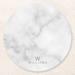 White Marble with Personalised Monogram and Name Round Paper Coaster