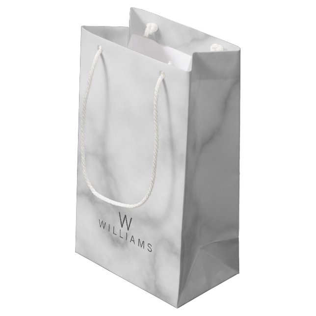 White Marble with Personalised Monogram and Name Small Gift Bag (Back Angled)