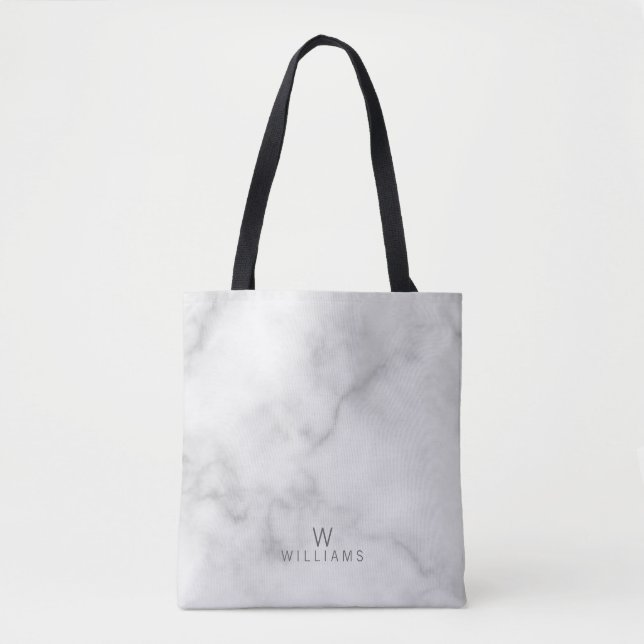 White Marble with Personalised Monogram and Name Tote Bag (Front)