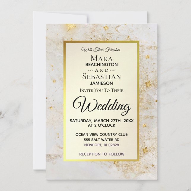 ~ White Marble with Star Dust Gold Glitter Invitation (Front)