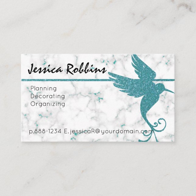 White Marble with Teal Glitter Hummingbird Elegant Business Card (Front)