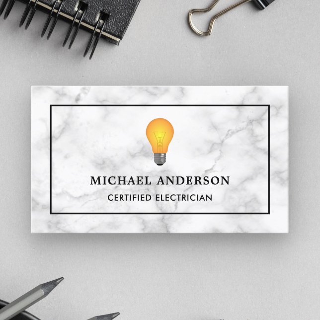 White Marble Yellow Light Bulb Electrician Business Card (Creator Uploaded)