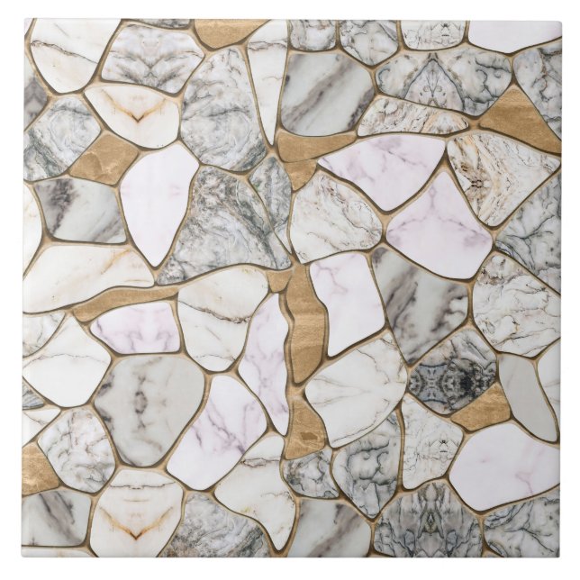 White Marbles and Gold Voronoi Abstract Ceramic Tile (Front)