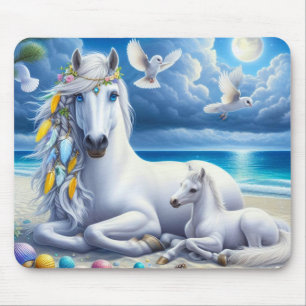 White mare and foal under the moon mouse pad