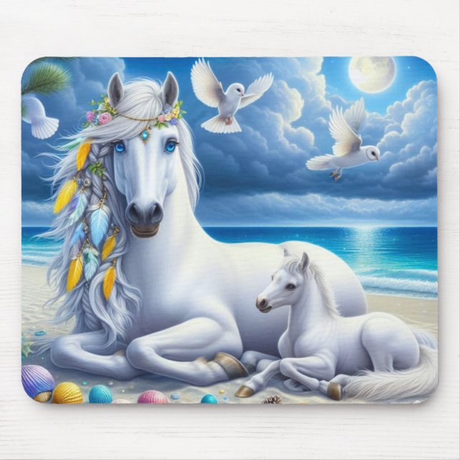 White mare and foal under the moon mouse pad (Front)
