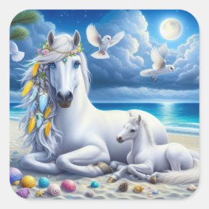 White mare and foal under the moonlight square sticker