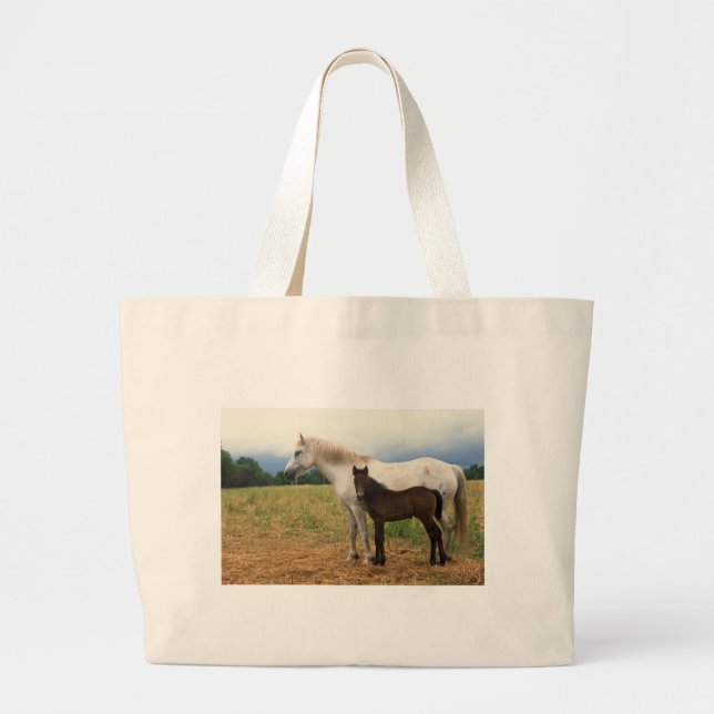 White Mare with Bay Foal Large Tote Bag (Front)