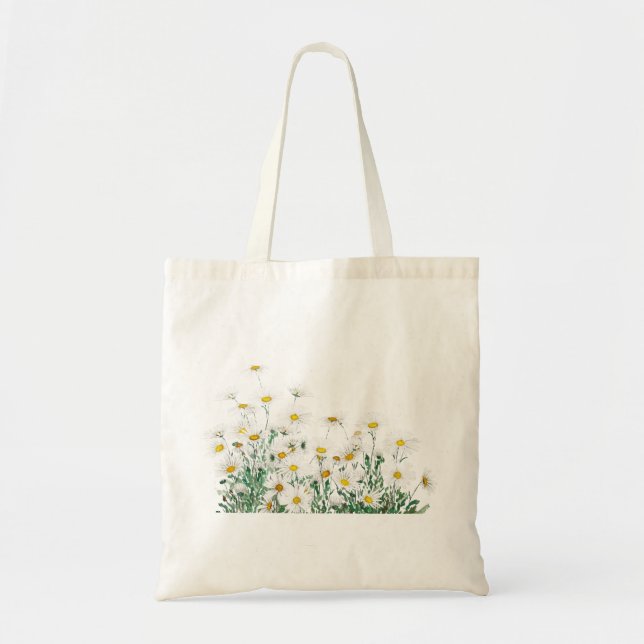 white margaret daisy horizontal watercolor paintin tote bag (Front)