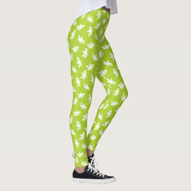 White Marigold Flower Silhouettes on Leaf Green Leggings (Right)