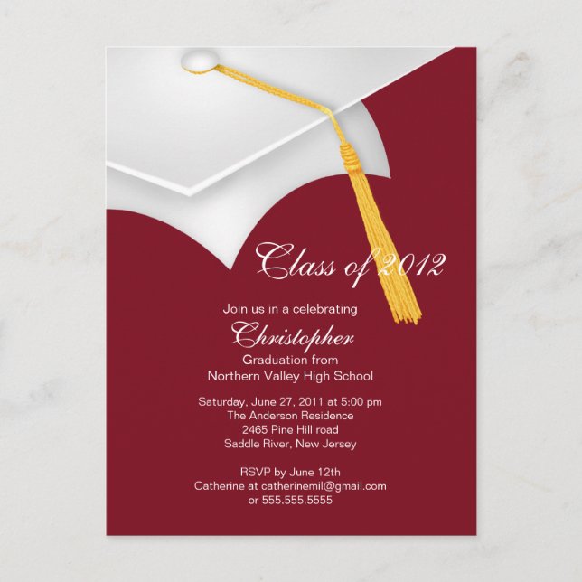 White Maroon Grad Cap Graduation Party Invitation (Front)