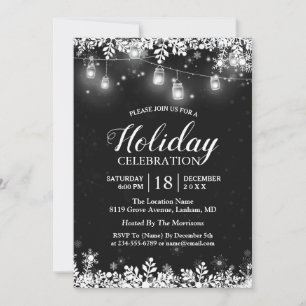 White Mason Jar Lights Snowflakes Christmas Party Invitation