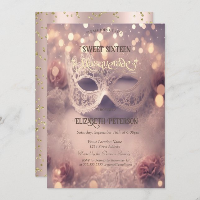 White Masque Diamonds Rose Gold Sweet 16   Invitation (Front/Back)