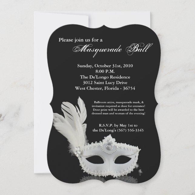 White Masquerade Ball Mask Costume Halloween Part Invitation (Front)
