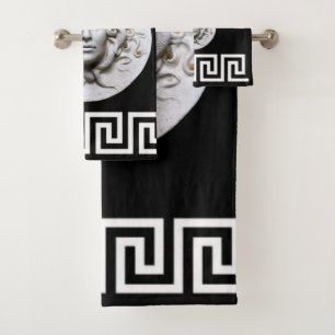 White Medusa Greek Key on Black Designer Bath Towel Set
