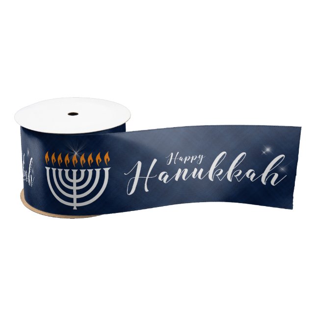 White Menorah with Blue and Modern Hanukkah Satin Ribbon (Spool)