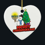 White Merry Chrismukkah with Snowman and Menorah Ceramic Tree Decoration<br><div class="desc">Add these fun interfaith (Hanukkah and Christmas) ornaments to your Chrismukkah celebrations this year. If you celebrate the holidays together, these are a nice touch. This is our design and you won't find it anywhere other than in our store. Chrismukkah is celebrated by people usually in families with both Jewish...</div>