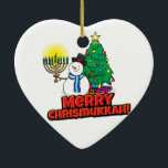 White Merry Chrismukkah with Snowman and Menorah Ceramic Tree Decoration<br><div class="desc">Add these fun interfaith (Hanukkah and Christmas) ornaments to your Chrismukkah celebrations this year. If you celebrate the holidays together, these are a nice touch. This is our design and you won't find it anywhere other than in our store. Chrismukkah is celebrated by people usually in families with both Jewish...</div>