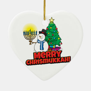 White Merry Chrismukkah with Snowman and Menorah Ceramic Tree Decoration