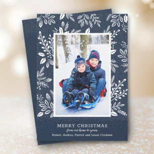 White Merry Christmas Navy Blue Photo Holiday Card
