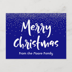 White Merry Christmas over Navy & Silver Confetti Holiday Postcard