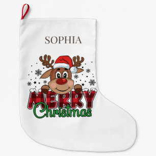 White Merry Christmas Reindeer Custom Name Large Christmas Stocking