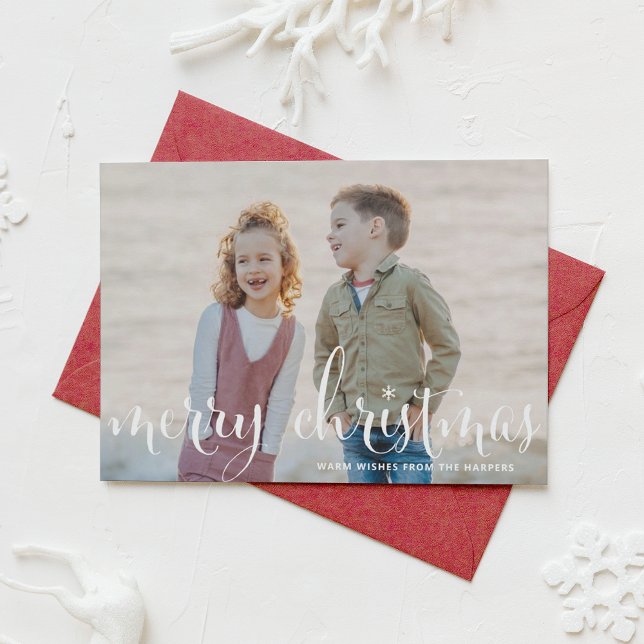 White Merry Christmas Rustic Calligraphy Photo Holiday Card (Creator Uploaded)