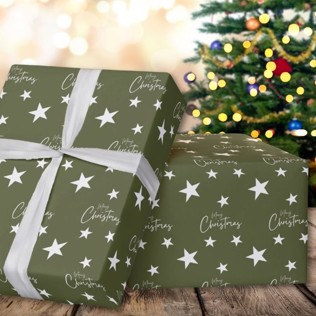 White  Merry Christmas Stars On Green Wrapping Paper (Creator Uploaded)