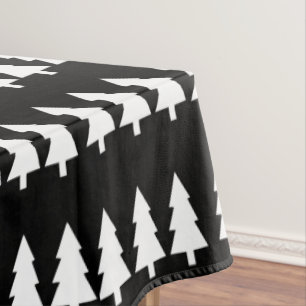 White Merry Christmas Trees Black Tablecloth
