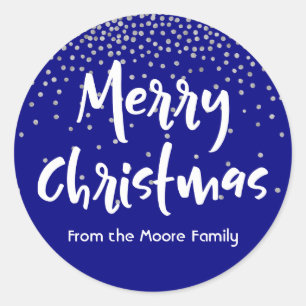 White Merry Christmas w/ Navy & Silver Confetti Classic Round Sticker