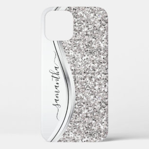 White Metallic Glitter Handwritten Monogram iPhone 12 Case