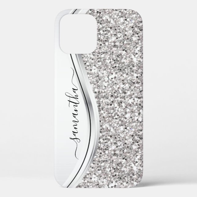 White Metallic Glitter Handwritten Monogram Case-Mate iPhone Case (Back)