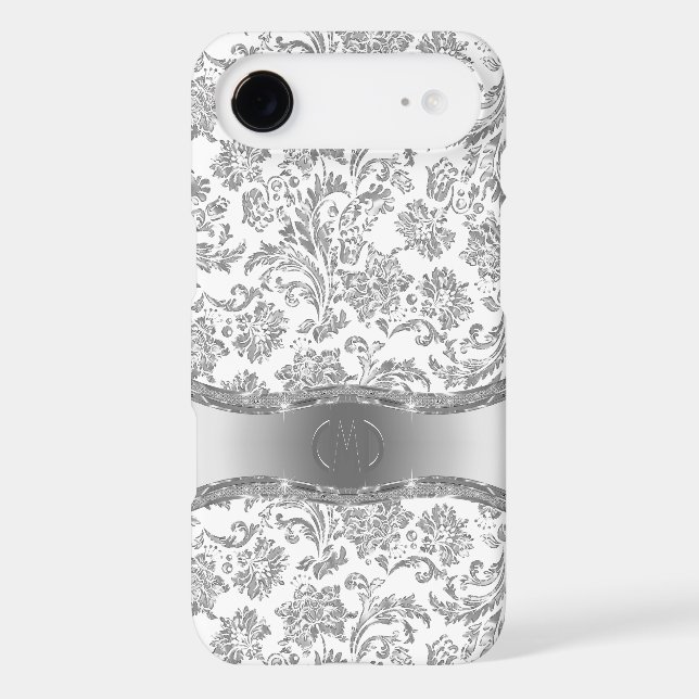 White & Metallic Silver Floral Damasks Case-Mate iPhone Case (Back)