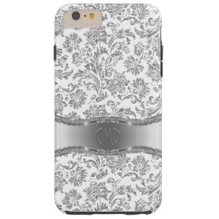 White & Metallic Silver Floral Damasks Tough iPhone 6 Plus Case
