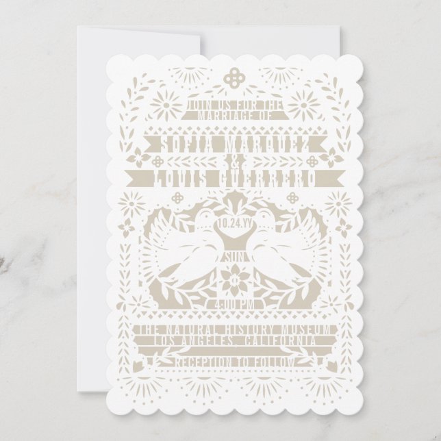 White Mexican Fantail Doves Papel Picado Wedding Invitation (Front)